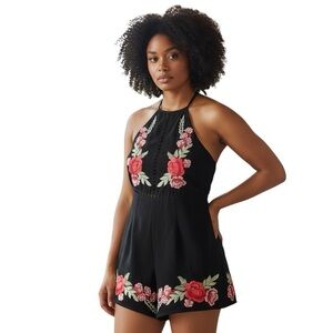 fab’rik Black Halter Neck Romper with Red Floral Embroidery – Size M